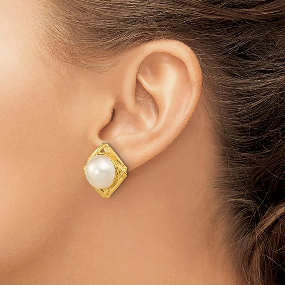 14K Yellow Gold 13-14mm White Mabe Saltwater Cultured Pearl Button Omega Back Earrings by Monteluci Fine Jewelry - Image 3