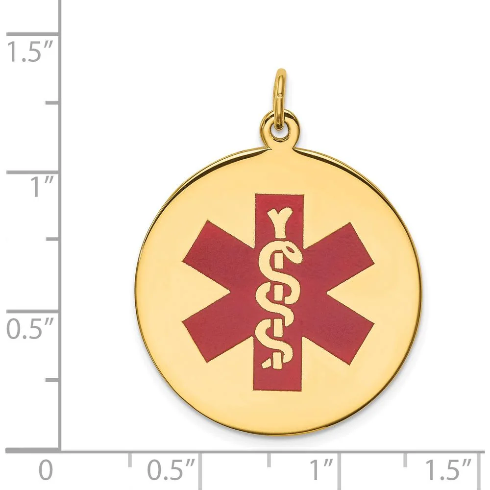 14K Yellow Gold 25mm Round Red Enameled Medical Alert Pendant - Polished Finish by Oro Pregiato - Image 3