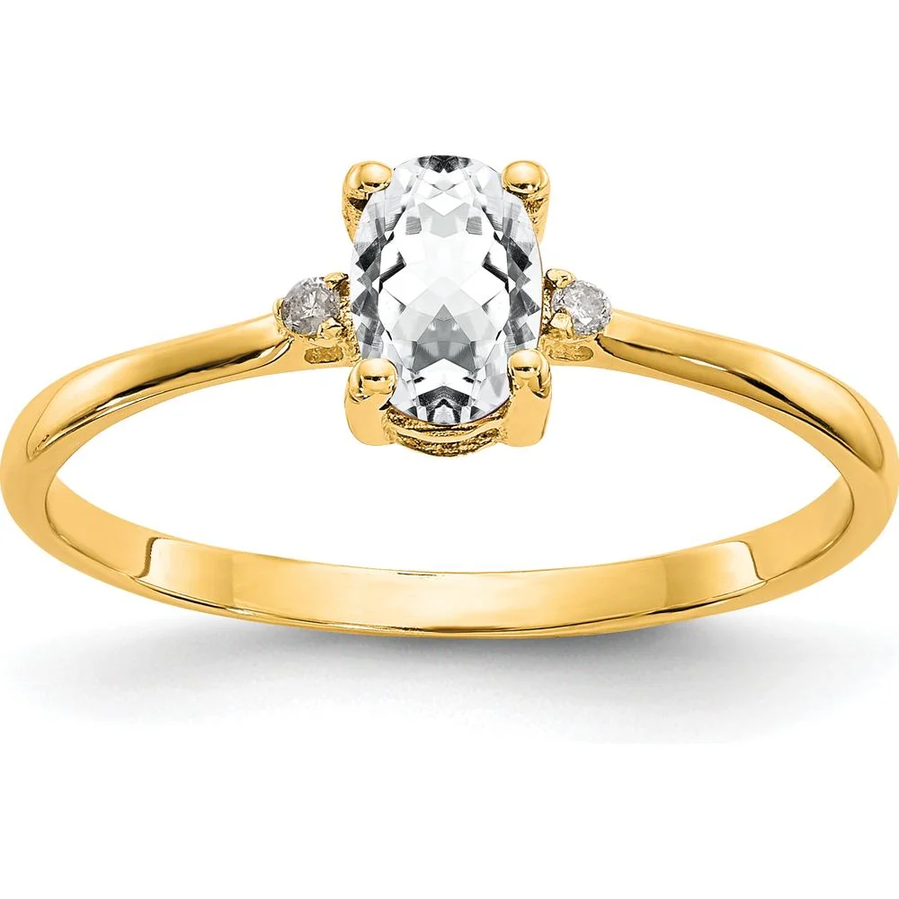 14K Yellow Gold 3-Stone Ring with Oval White Topaz & Round Diamonds - 0.55 Carat Total Gem Weight - Size 6 by Oro Pregiato