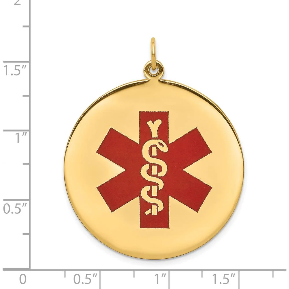 14K Yellow Gold 32mm Round Red Enamel Medical Alert Pendant - Engravable Charm by Oro Pregiato - Image 3