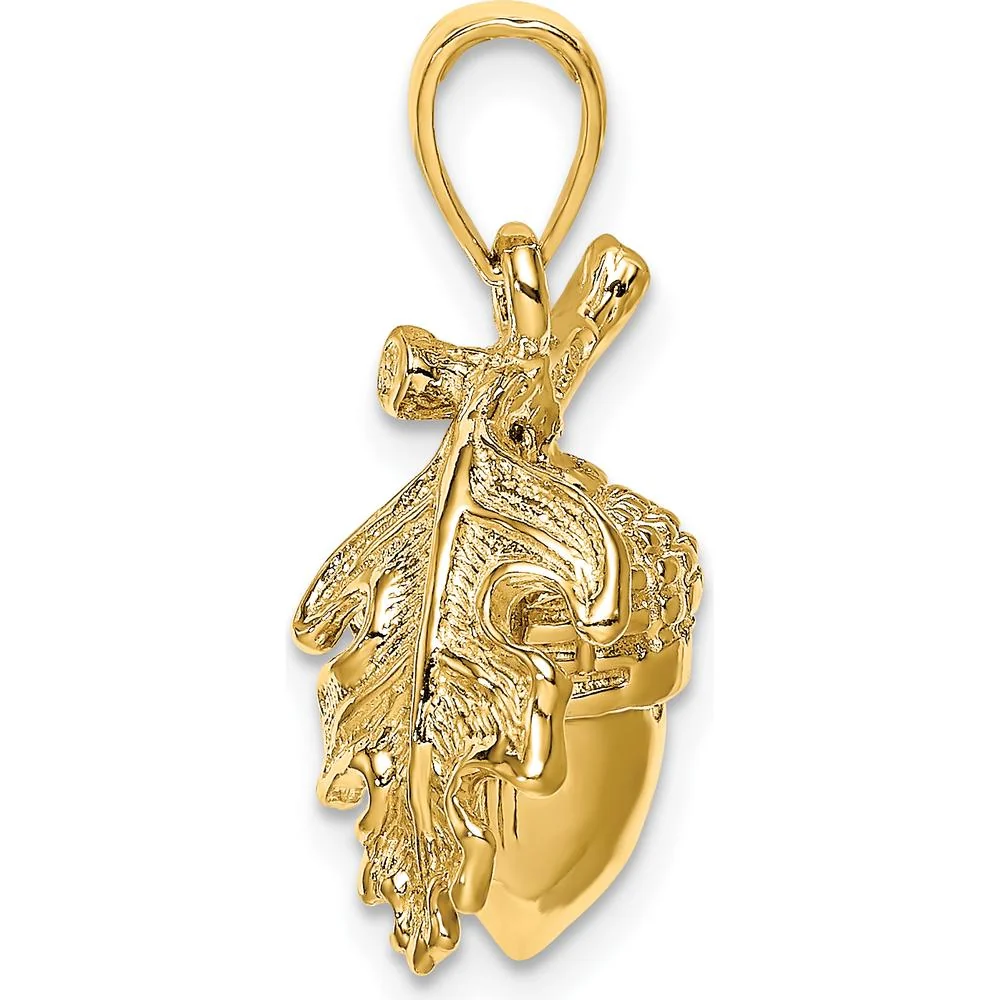 14K Yellow Gold 3D Acorn with Leaf Pendant - Nature-Inspired Charm with Polished Finish by Oro Pregiato - Image 2