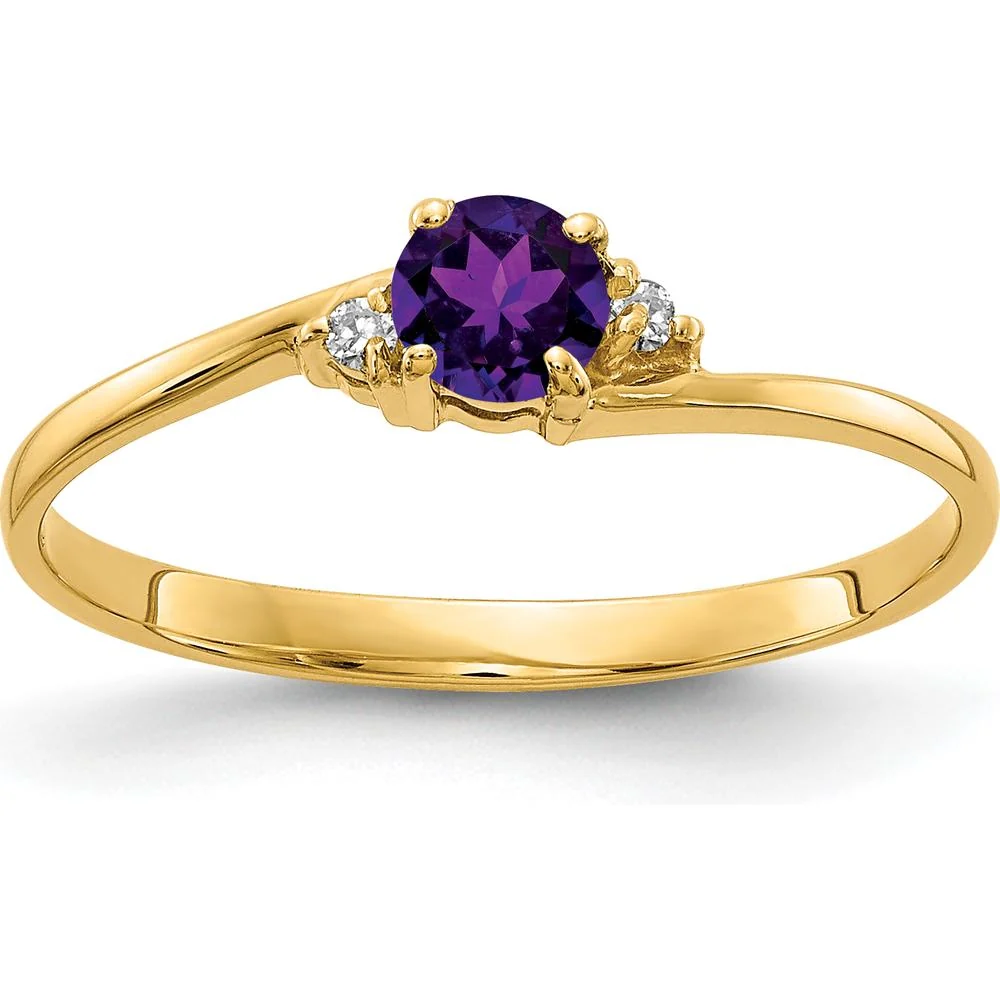 14K Yellow Gold 4mm Amethyst Ring with Round Diamond Accents - 0.23 Carat Amethyst Total Weight, 0.016 Carat Diamond Total Weight - Size 6 by Monteluci Fine Jewelry