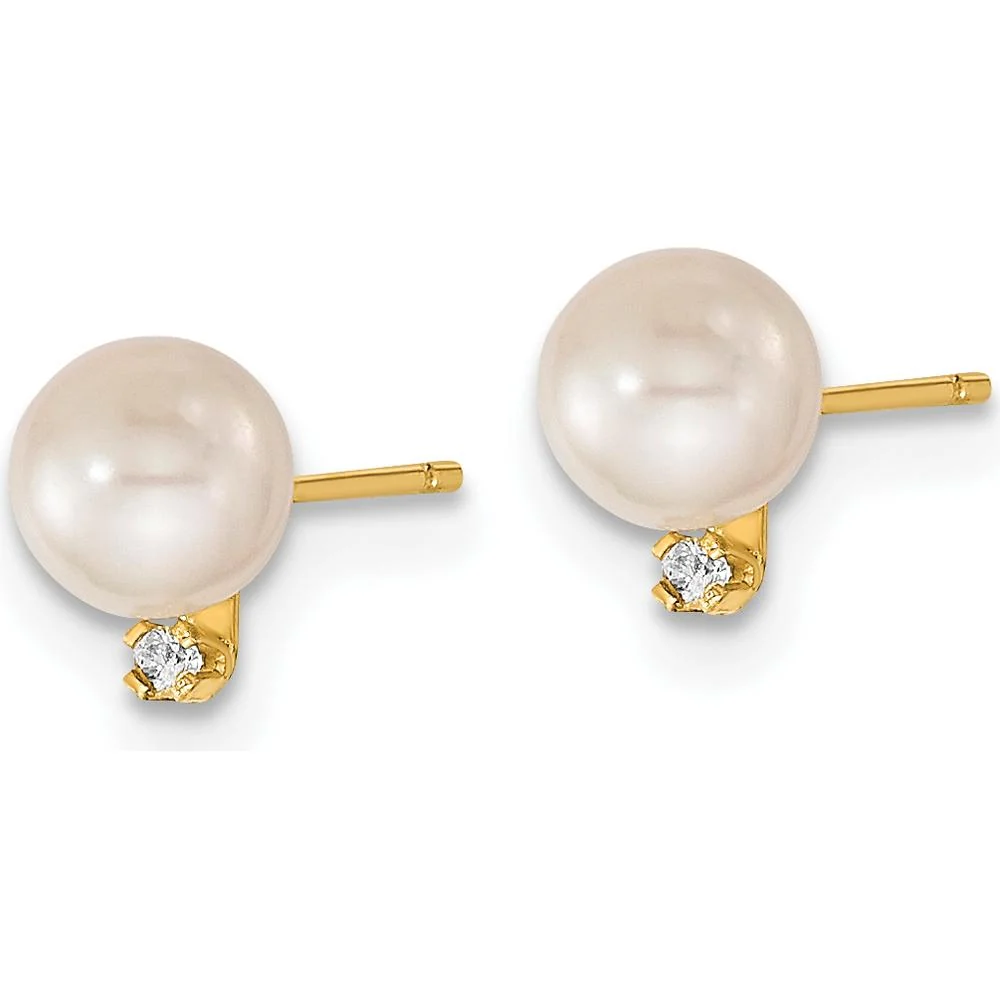 14K Yellow Gold 5-6mm White Akoya Cultured Pearl and 0.03 Carat Diamond Earrings and Pendant Set by Monteluci Fine Jewelry - Image 5