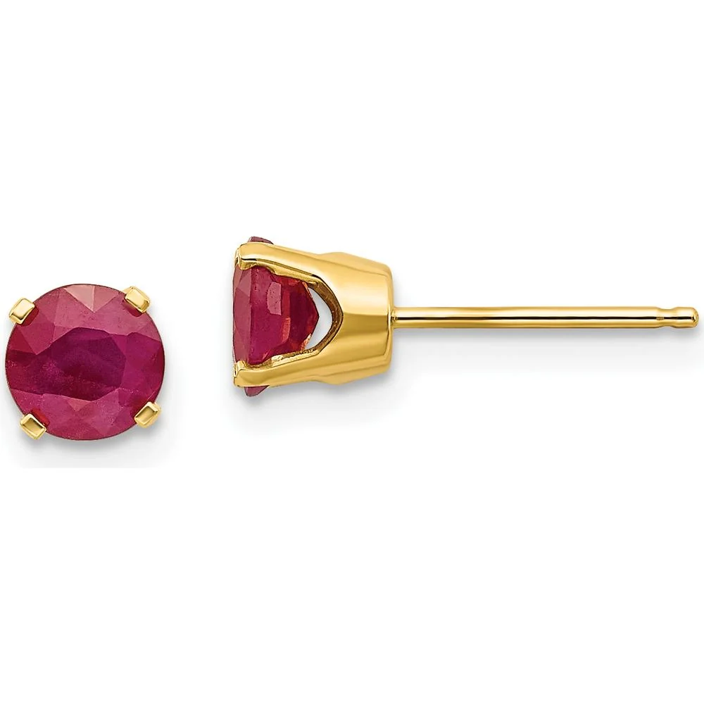 14K Yellow Gold 5mm Round Ruby Stud Earrings with Four-Prong Settings - 0.70 Carat Total Ruby Weight by Oro Pregiato