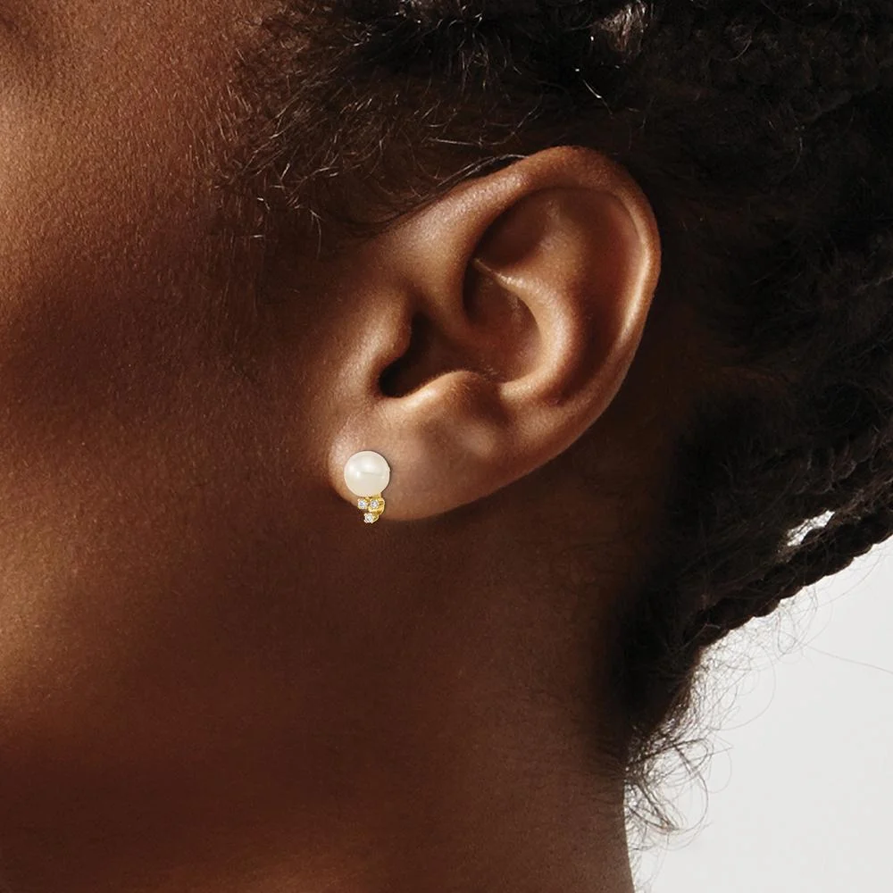 14K Yellow Gold 6-7mm Freshwater Cultured Pearl and 0.06 Carat Diamond Post Earrings by Monteluci Fine Jewelry - Image 3