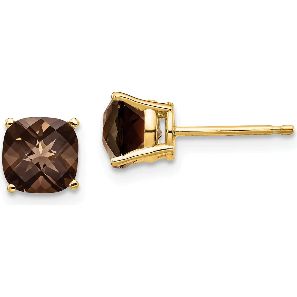 14K Yellow Gold 6mm Cushion Cut Smoky Quartz Stud Earrings - 0.90 Carat Total Gem Weight by Monteluci Fine Jewelry - Image 2
