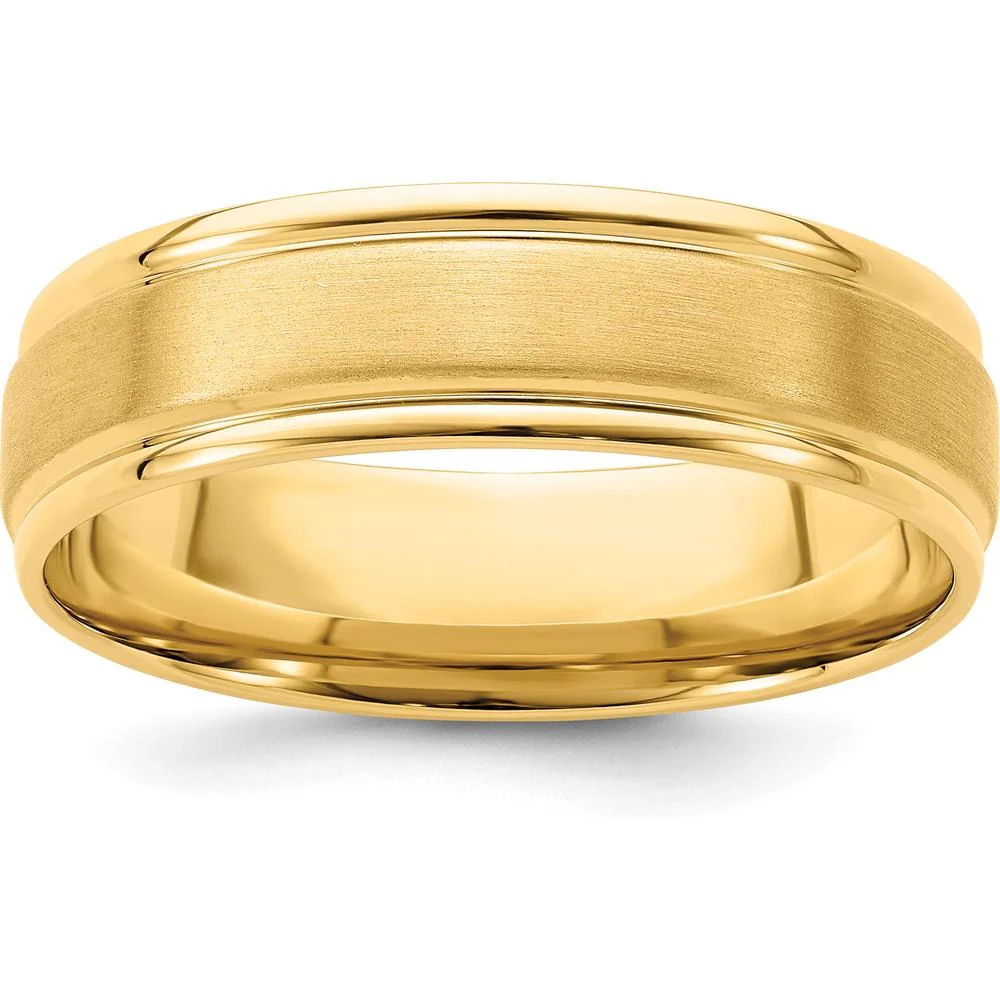 14K Yellow Gold 6mm Standard Weight Comfort Fit Brushed Satin and Polished Grooved Edge Wedding Band - Size 10.5 by Luciano & Cie