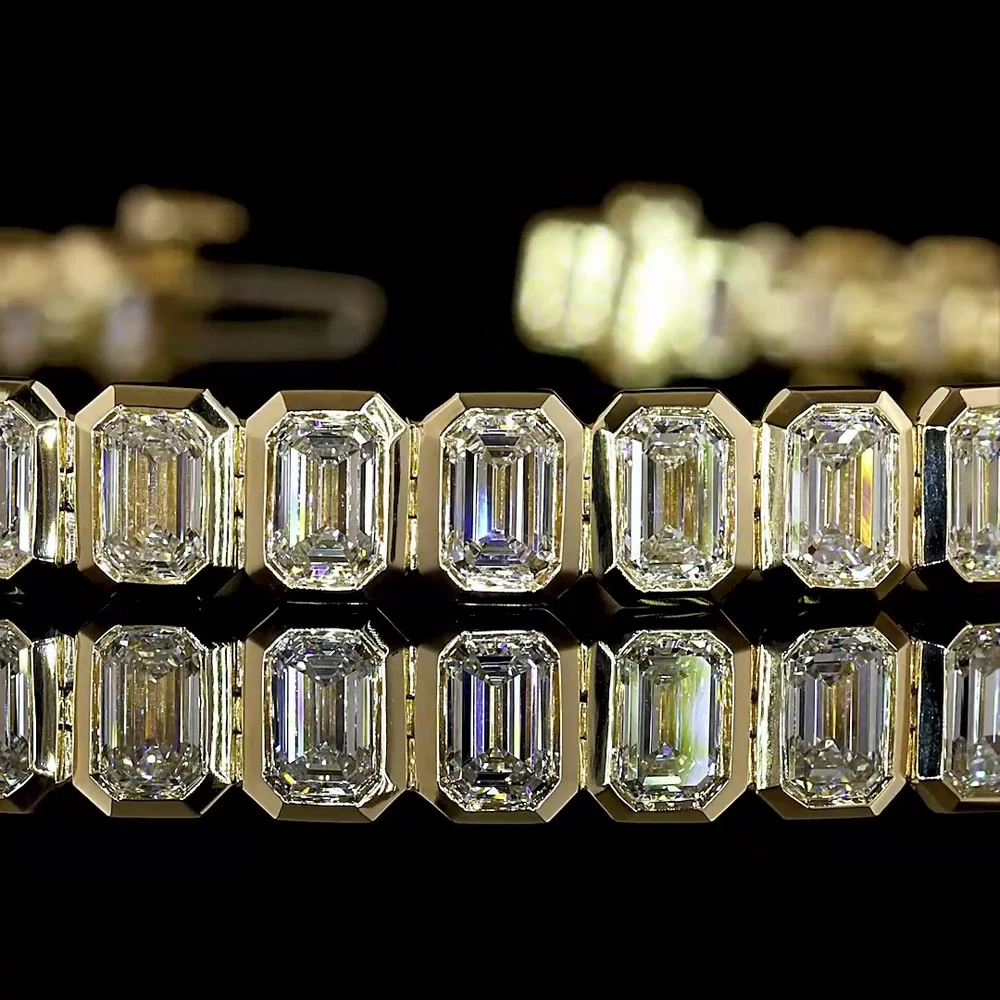 14K Yellow Gold 7.25" Tennis Bracelet with Bezel Set Emerald Cut Lab Diamonds - 8.01 Carat Total Weight - Covaloro Fine Jewelry - Image 2