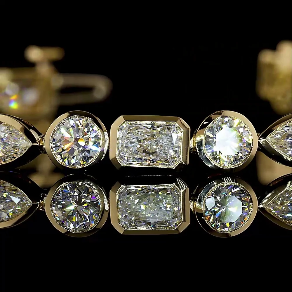 14K Yellow Gold 7.5" Mixed Shape Tennis Bracelet with Bezel Set East-West Marquise, Radiant, and Round Lab Diamonds - 8.1 Carat Total Weight - Covaloro Fine Jewelry - Image 2