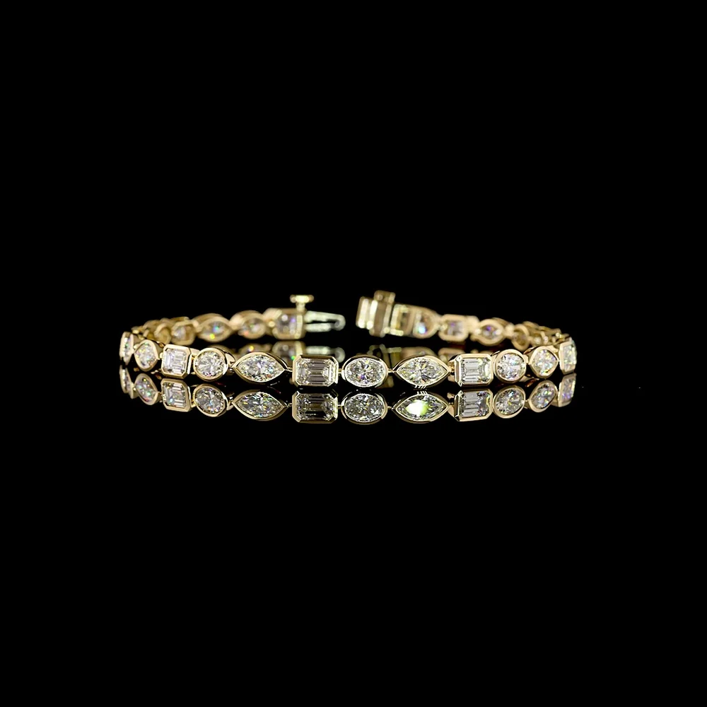 14K Yellow Gold 7.77-Carat Mixed Shape Tennis Bracelet with Bezel Set Emerald, Oval, and Marquise Lab Diamonds - E-F VS1 Clarity - Covaloro Fine Jewelry