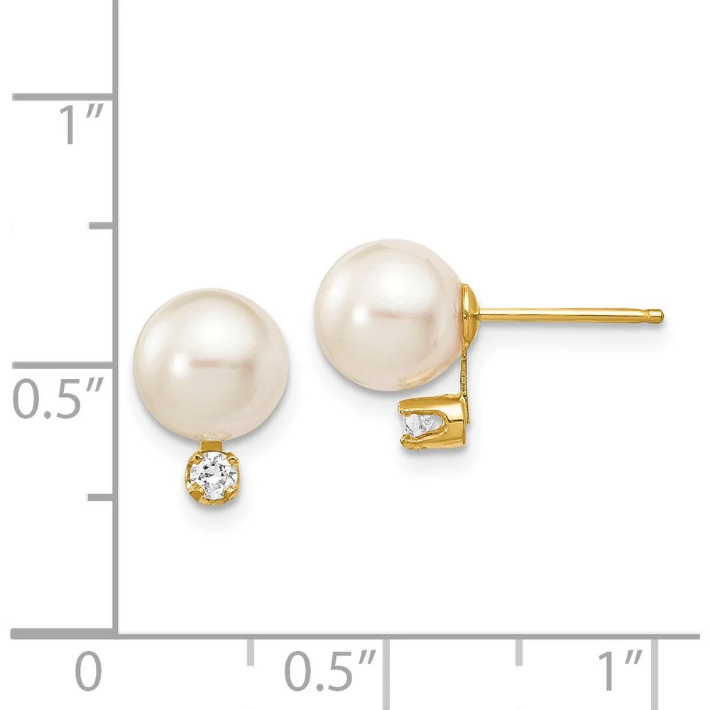 14K Yellow Gold 7-8mm Akoya Pearl and 1/10 Carat Diamond Post Earrings by Monteluci Fine Jewelry - Image 4