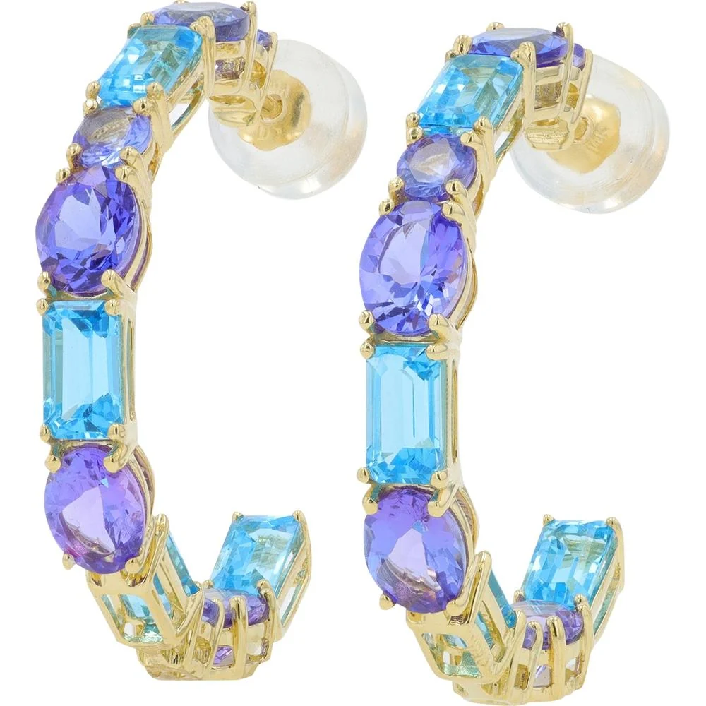 14K Yellow Gold 7 Carat Tanzanite & Blue Topaz C Hoops - 3.5 Carat Each Stone Weight