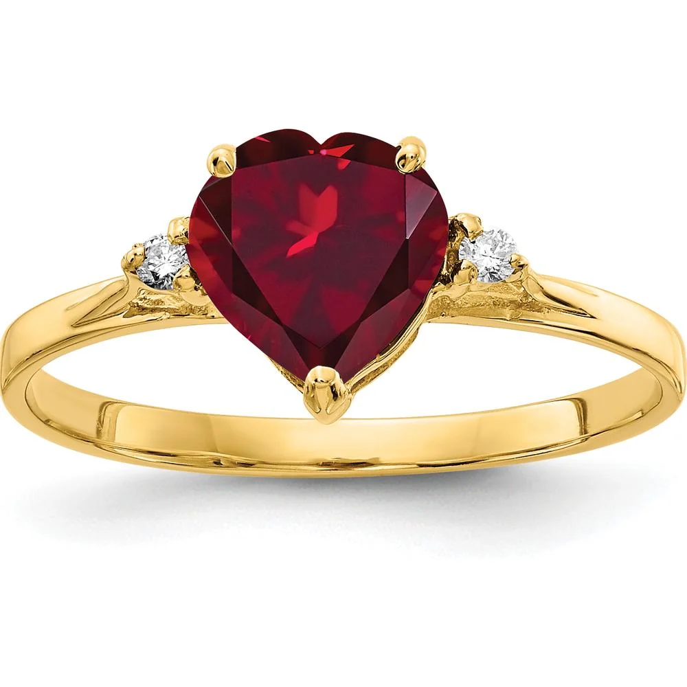 14K Yellow Gold 7mm Heart Created Ruby and Diamond Ring with Round Diamonds - 0.034 Carat Total Diamond Weight - Size 7.5 by Monteluci Fine Jewelry