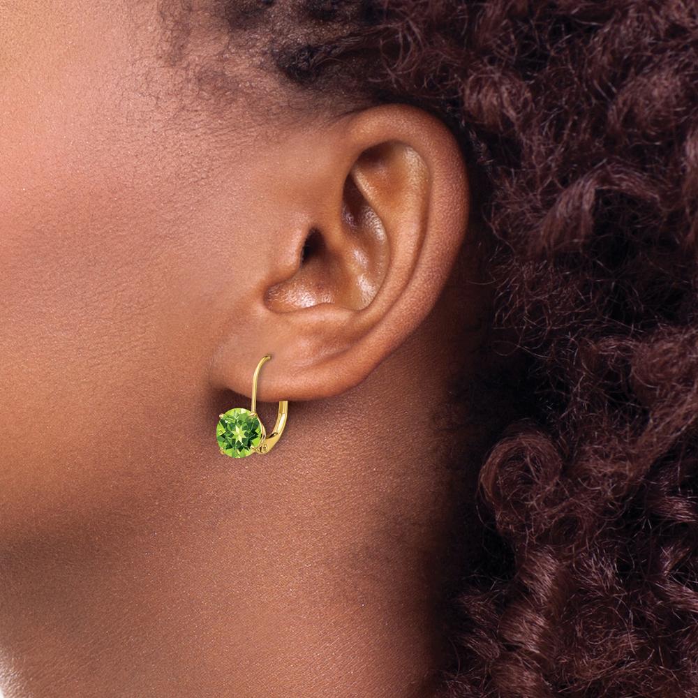 14K Yellow Gold 7mm Peridot Leverback Drop Earrings - 1.43 Carat Total Peridot Weight by Monteluci Fine Jewelry - Image 3
