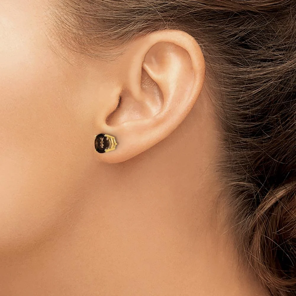 14K Yellow Gold 7mm Round Smoky Quartz Stud Earrings - 1.25 Carat Total Carat Weight by Monteluci Fine Jewelry - Image 4