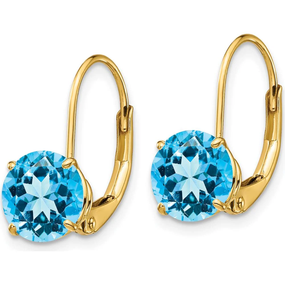 14K Yellow Gold 7mm Swiss Blue Topaz Leverback Earrings - 1.6 Carat Total Gem Weight by Monteluci Fine Jewelry - Image 2