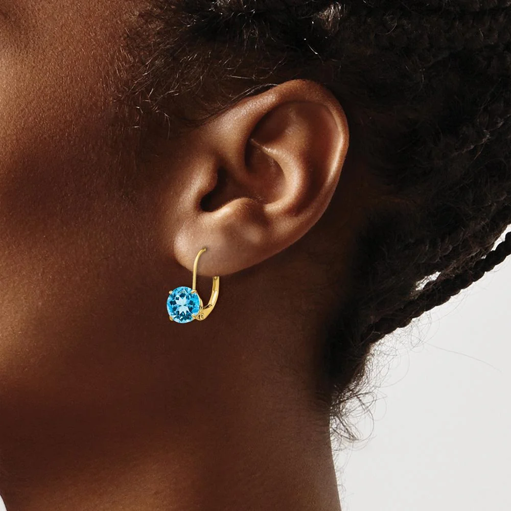 14K Yellow Gold 7mm Swiss Blue Topaz Leverback Earrings - 1.6 Carat Total Gem Weight by Monteluci Fine Jewelry - Image 3