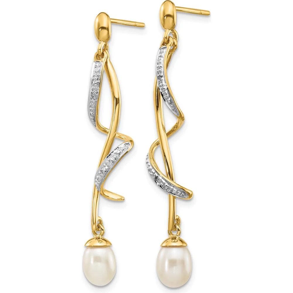 14K Yellow Gold 7x5mm Freshwater Pearl and Round Diamond Teardrop Dangle Earrings - 0.01 Carat Total Diamond Weight by Monteluci Fine Jewelry - Image 2