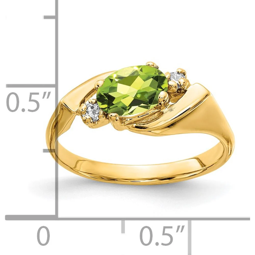 14K Yellow Gold 7x5mm Oval Checkerboard-Cut Peridot and Diamond Three-Stone Ring - 1.03 Carat Total Gem Weight - Size 6 by Monteluci Fine Jewelry - Image 2