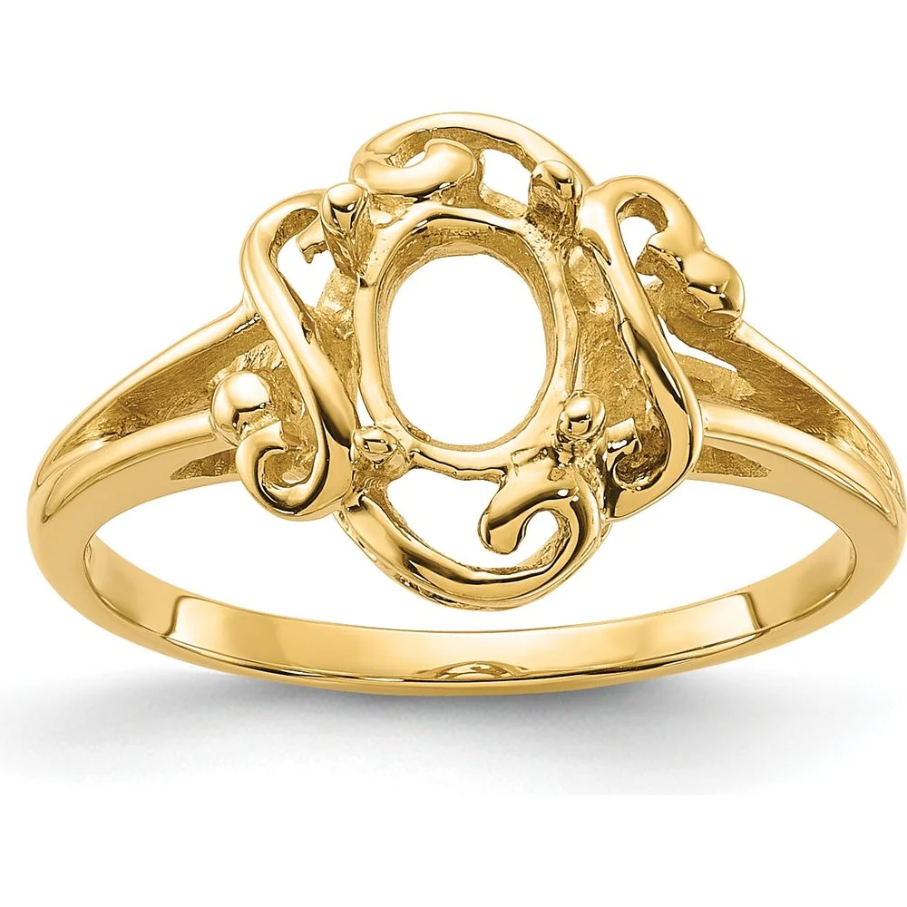 14K Yellow Gold 7x5mm Oval Gemstone Ring Mounting with Polished Vine Design - Size 6 by Monteluci Fine Jewelry