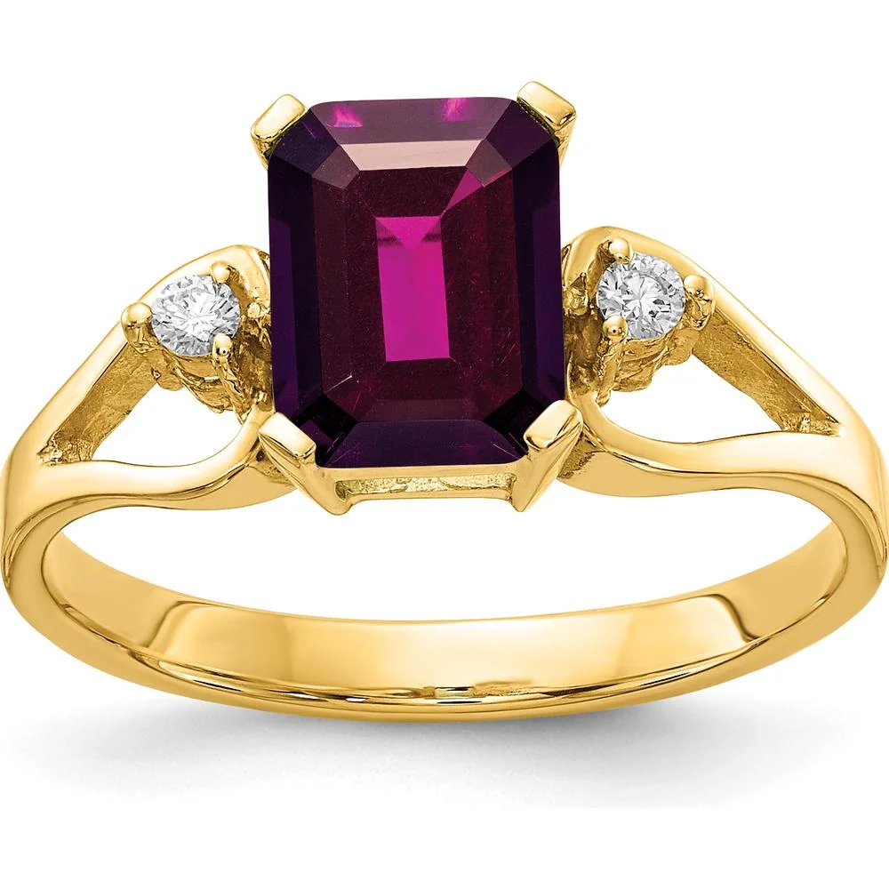 14K Yellow Gold 8x6mm Emerald Cut Rhodolite Garnet Ring with Round Diamonds - 1.9 Carat Total Garnet Weight, 0.05 Carat Total Diamond Weight - Size 6 by Monteluci Fine Jewelry