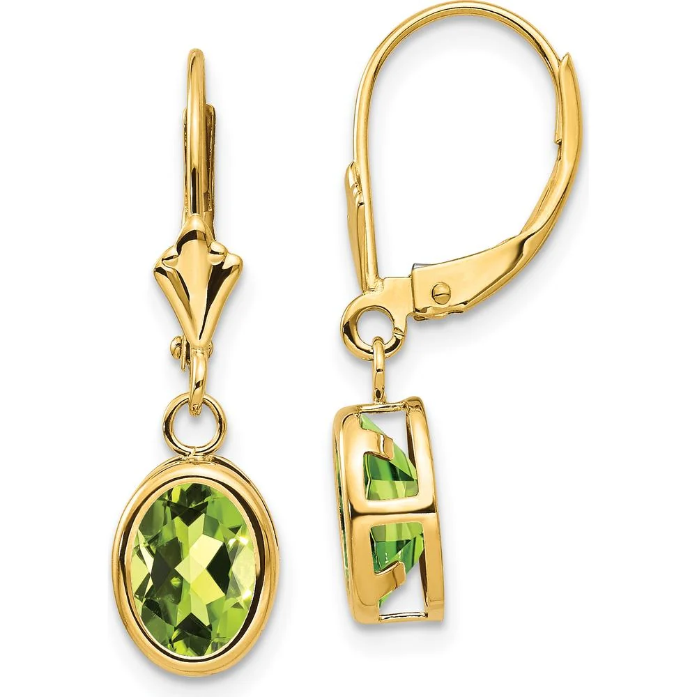14K Yellow Gold 8x6mm Oval Peridot Leverback Earrings - 1.30 Carat Total Peridot Weight by Monteluci Fine Jewelry