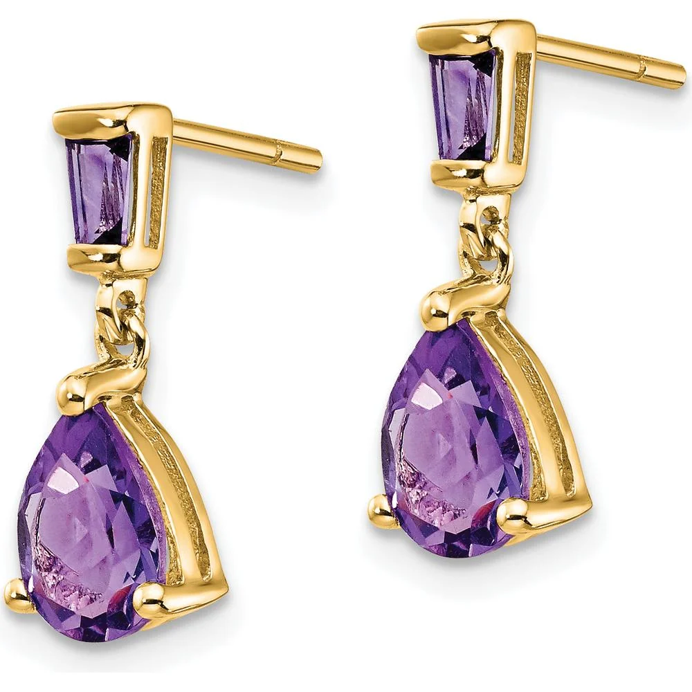 14K Yellow Gold Amethyst Dangle Earrings with Pear and Baguette Amethysts - 1.2 Carat Total Gem Weight by Monteluci Fine Jewelry - Image 2
