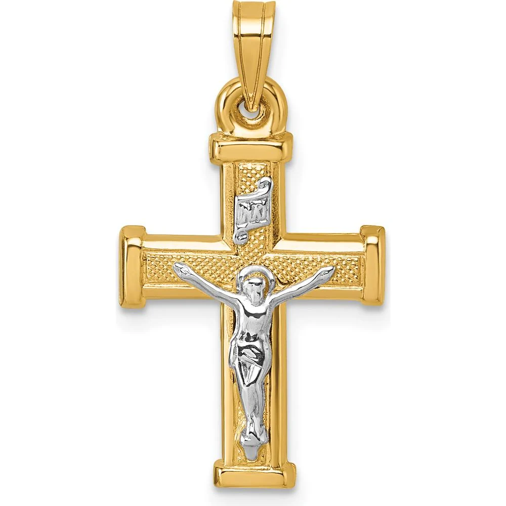 14K Yellow Gold and Rhodium Polished INRI Crucifix Cross Pendant - 26.4mm Length by Oro Pregiato