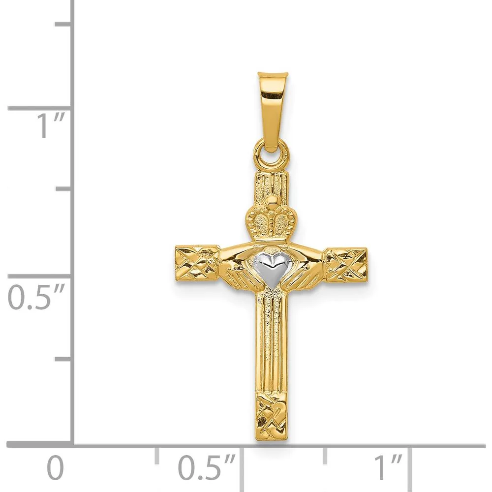 14K Yellow Gold and White Rhodium Claddagh Cross Pendant - Polished Finish, 28mm Length by Oro Pregiato - Image 3
