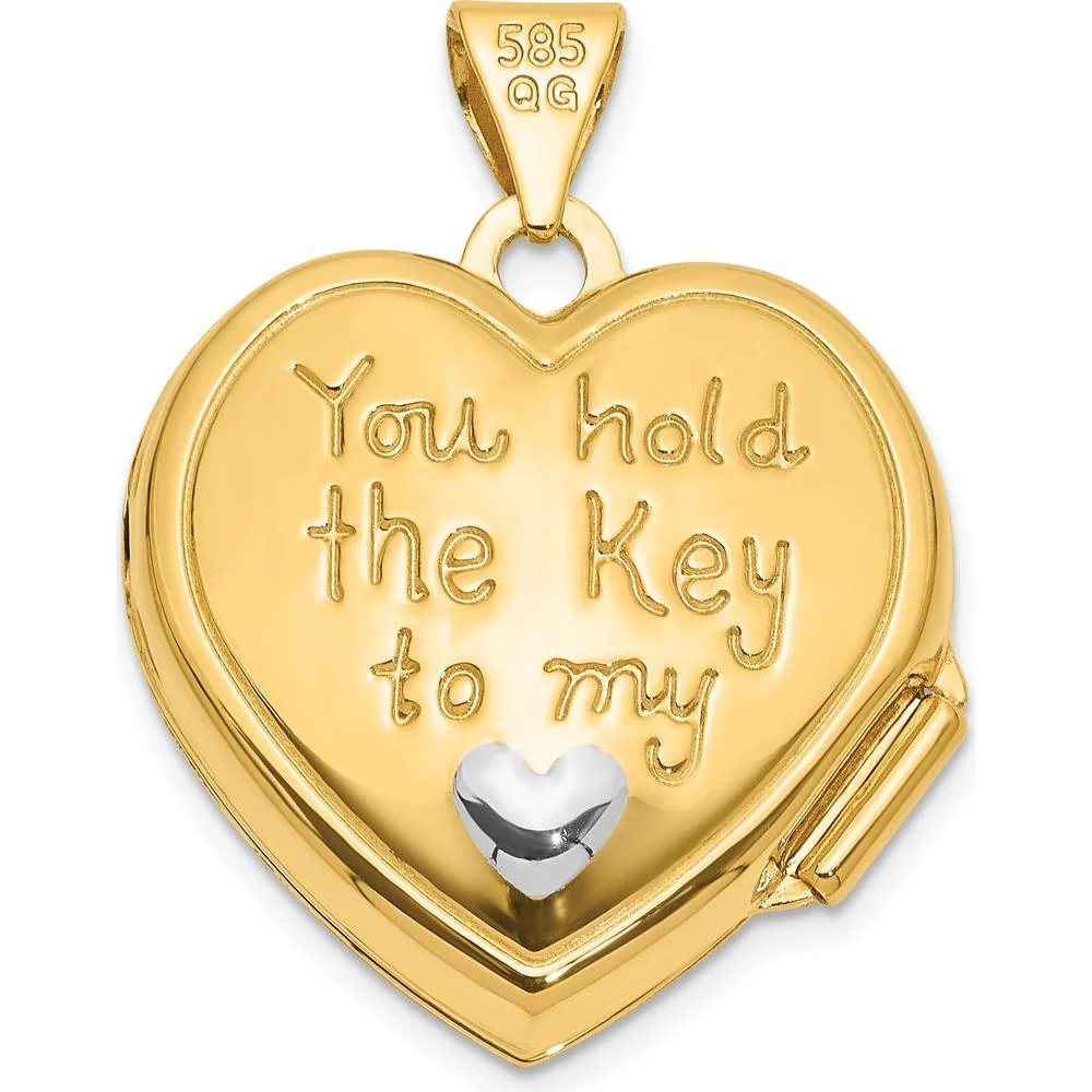 14K Yellow Gold and White Rhodium Lock and Key Reversible Heart Locket Pendant with Space for Two Heart-Shaped Photos by Oro Pregiato - Image 3