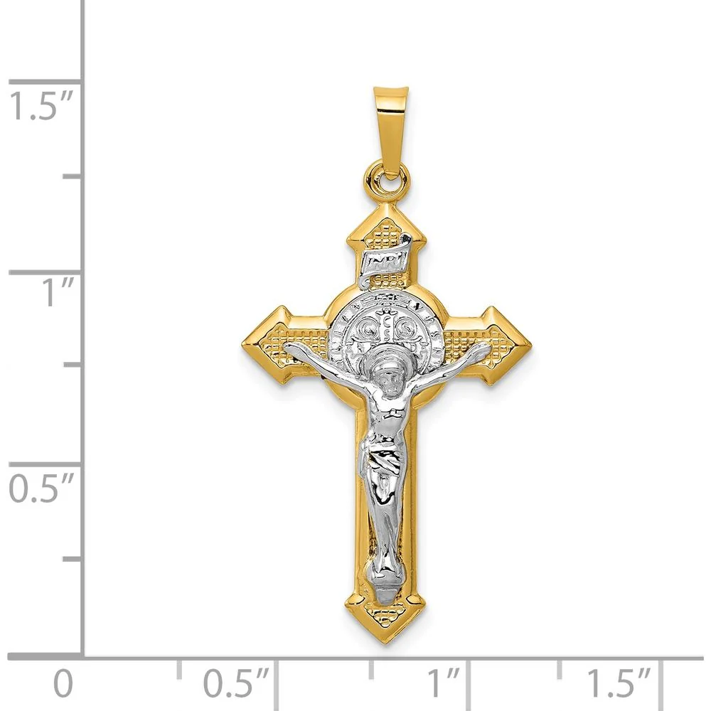 14K Yellow Gold and White Rhodium St. Benedict INRI Crucifix Pendant - 37.5mm Length by Oro Pregiato - Image 4