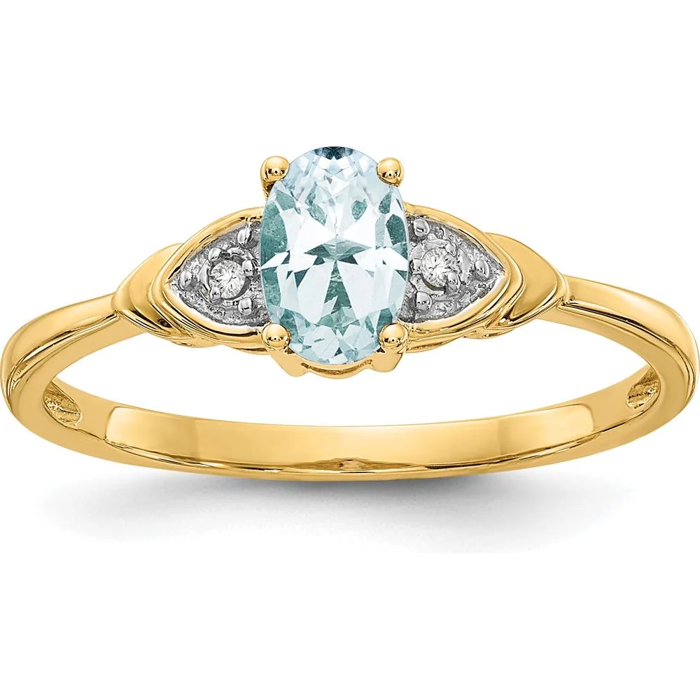 14K Yellow Gold Aquamarine and Diamond Ring with Oval Aquamarine - 0.4 Carat Total Aquamarine Weight, 0.01 Carat Total Diamond Weight - Size 7 by Oro Pregiato