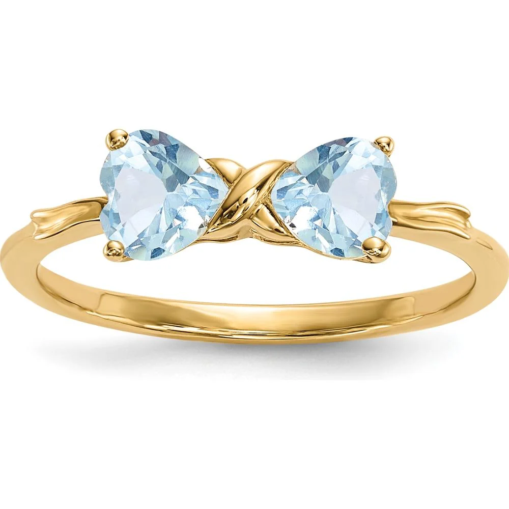 14K Yellow Gold Aquamarine Heart Bow Ring - 2x5mm Aquamarine Stones - Size 7 by Oro Pregiato