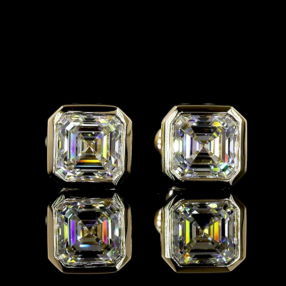 14K Yellow Gold Asscher Cut Lab Diamond Bezel Set Stud Earrings - 2.07 Carat Total Weight, D Color, VS1/VVS2 Clarity, IGI Certified - Covaloro Fine Jewelry - Image 2