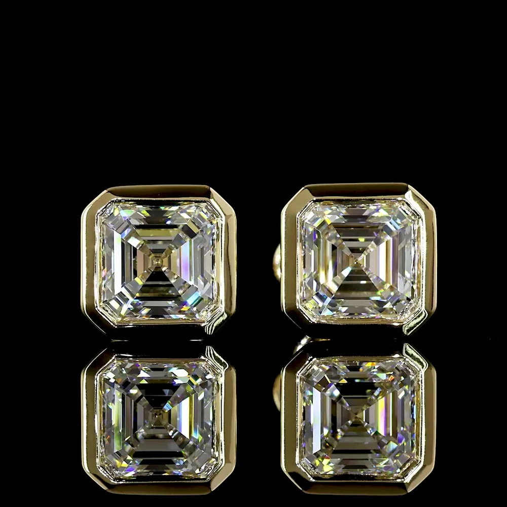 14K Yellow Gold Bezel Set Asscher Cut Lab Diamond Stud Earrings - 2.50 Carats Total Diamond Weight (E-F Color, VVS1 Clarity, IGI Certified) - Covaloro Fine Jewelry - Image 2