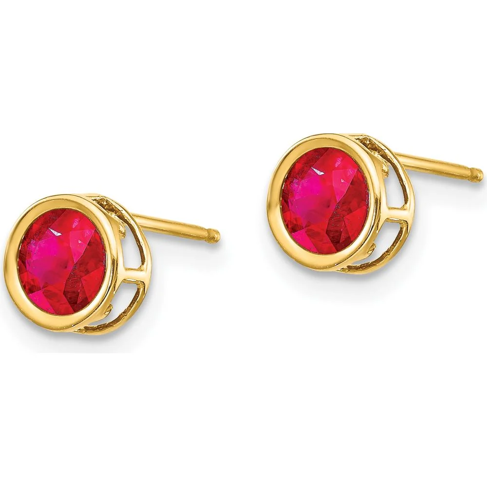 14K Yellow Gold Bezel Set Round Ruby Stud Earrings - 0.70 Carat Total Gem Weight by Oro Pregiato - Image 2