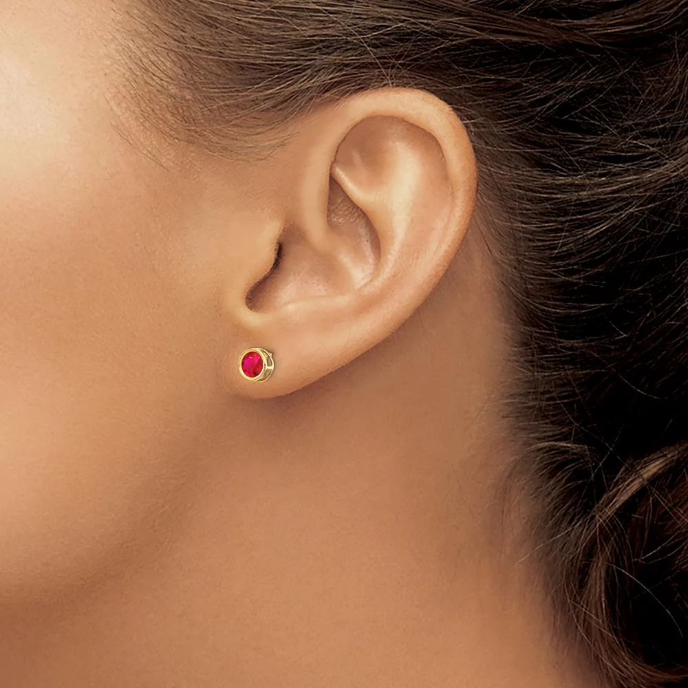 14K Yellow Gold Bezel Set Round Ruby Stud Earrings - 0.70 Carat Total Gem Weight by Oro Pregiato - Image 3