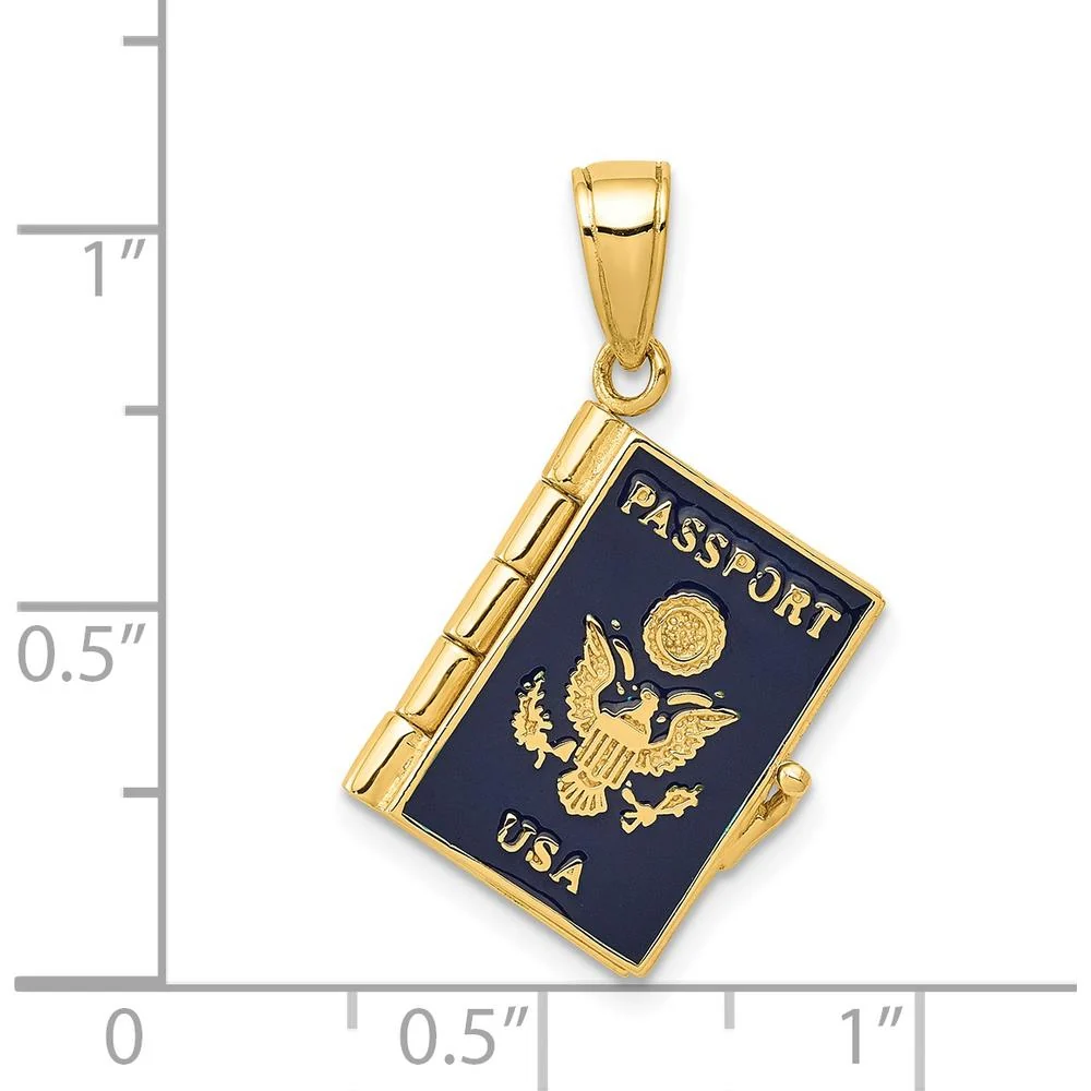 14K Yellow Gold Blue Enamel 3D Passport Pendant with Open Feature and Detailed Design by Oro Pregiato - Image 3