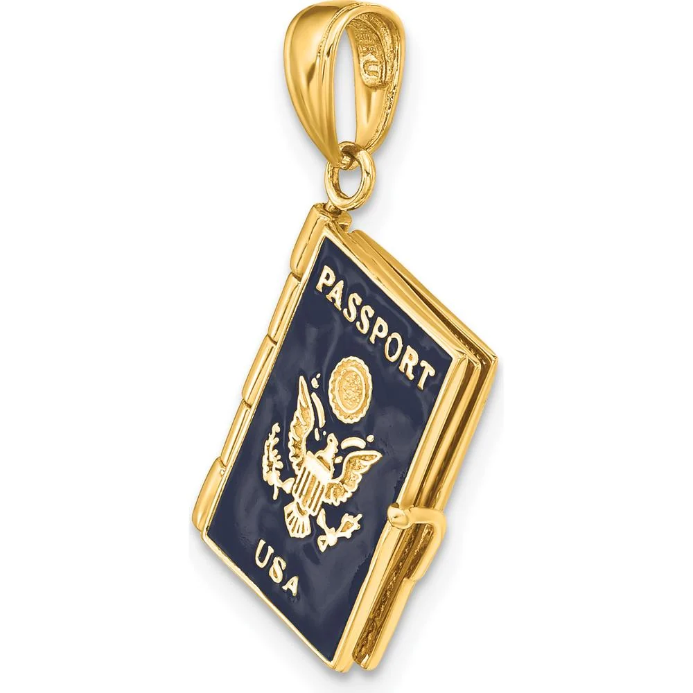 14K Yellow Gold Blue Enamel 3D Passport Pendant with Open Feature and Detailed Design by Oro Pregiato - Image 5