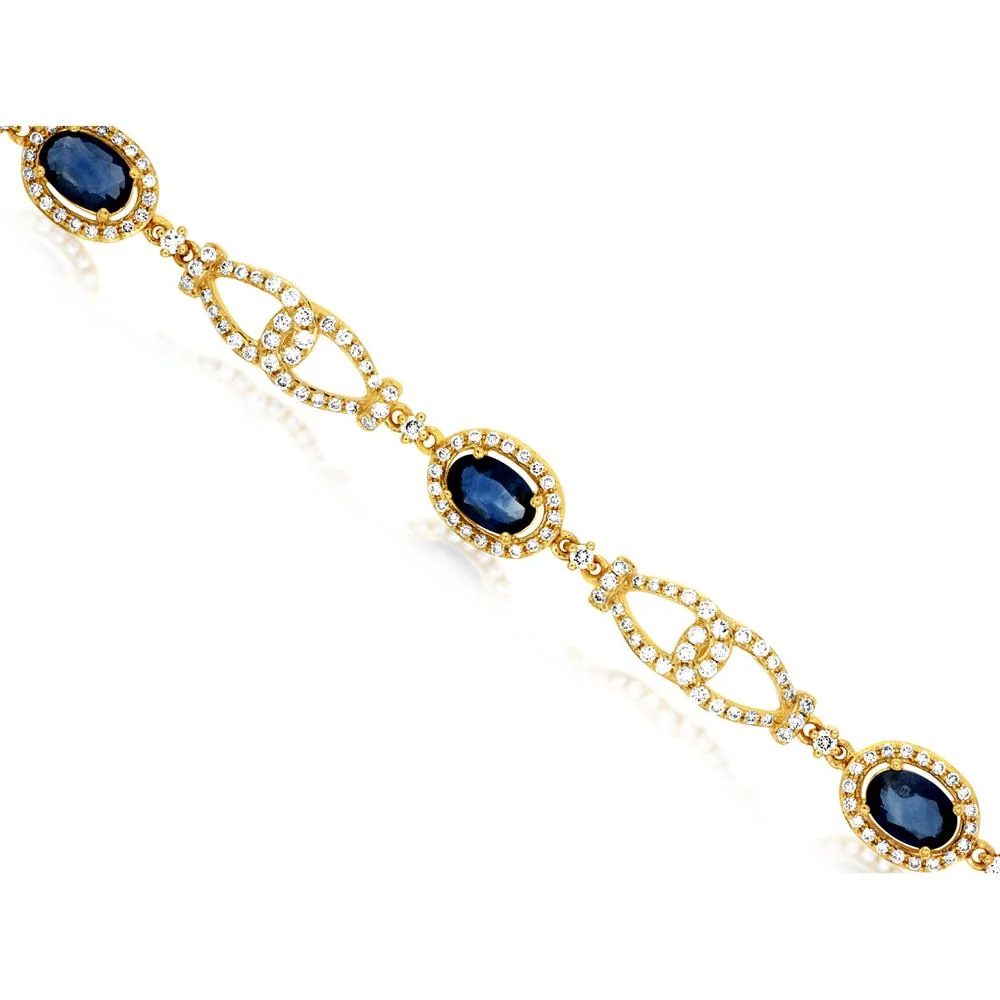 14K Yellow Gold Blue Sapphire & Diamond Halo Station Bracelet - 3.95 Carat Total Sapphire Weight & 1.44 Carat Total Diamond Weight - Royal Jewelry