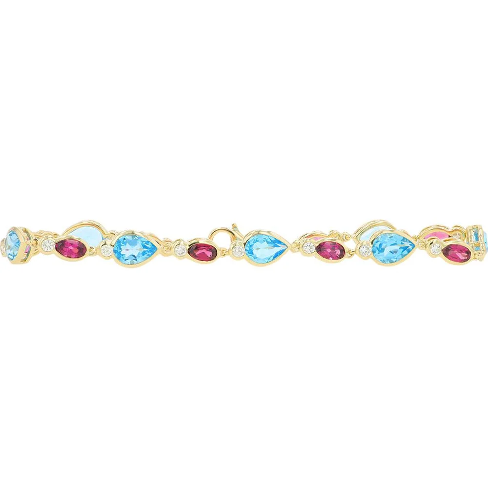 14K Yellow Gold Blue Topaz & Rhodolite Tennis Bracelet with Diamond Accents - 7.50 Carat Total Gem Weight