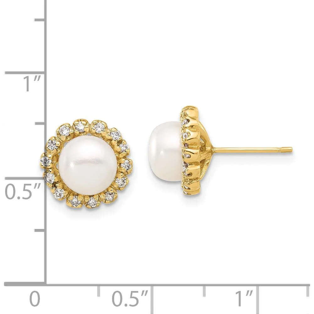 14K Yellow Gold Button Earrings with Freshwater Cultured Pearls and 0.28 Carat Round Diamond Halo by Monteluci Fine Jewelry - Image 4
