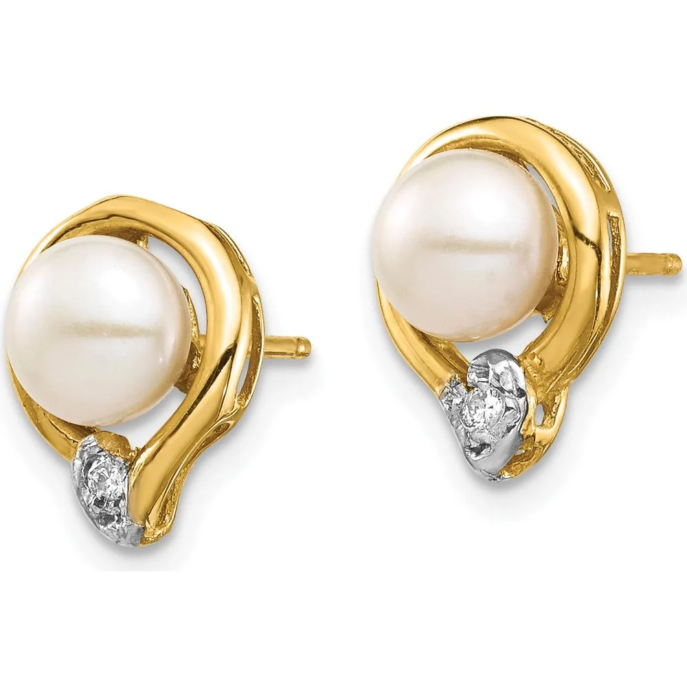 14K Yellow Gold Button Freshwater Cultured Pearl and Diamond Post Earrings - 0.02 Carat Total Diamond Weight by Monteluci Fine Jewelry - Image 2