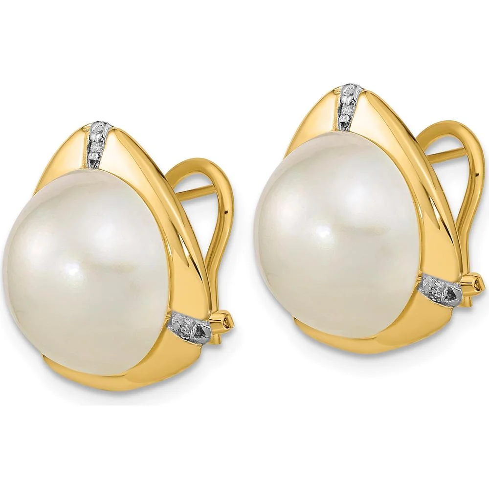 14K Yellow Gold Button Mabe Pearl Earrings with Round Diamonds - 0.06 Carat Total Diamond Weight by Monteluci Fine Jewelry - Image 2
