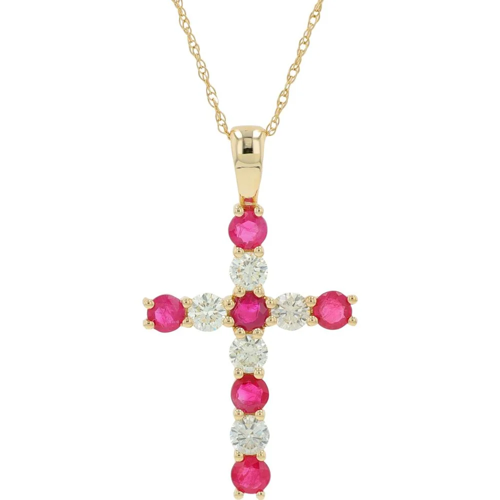 14K Yellow Gold Cross Pendant with Ruby and Diamond Accents - 0.80 Carat Ruby and 0.50 Carat Diamond Weight