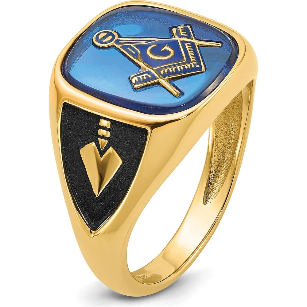 14K Yellow Gold Cushion Blue Spinel Masonic Ring with Antiqued Enamel Detailing - Size 10 by Monteluci Fine Jewelry - Image 8