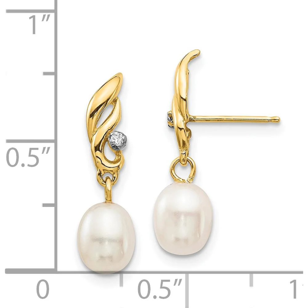 14K Yellow Gold Dangle Earrings with 5-6mm Freshwater Cultured Pearls and 0.02 Carat Diamonds by Monteluci Fine Jewelry - Image 4
