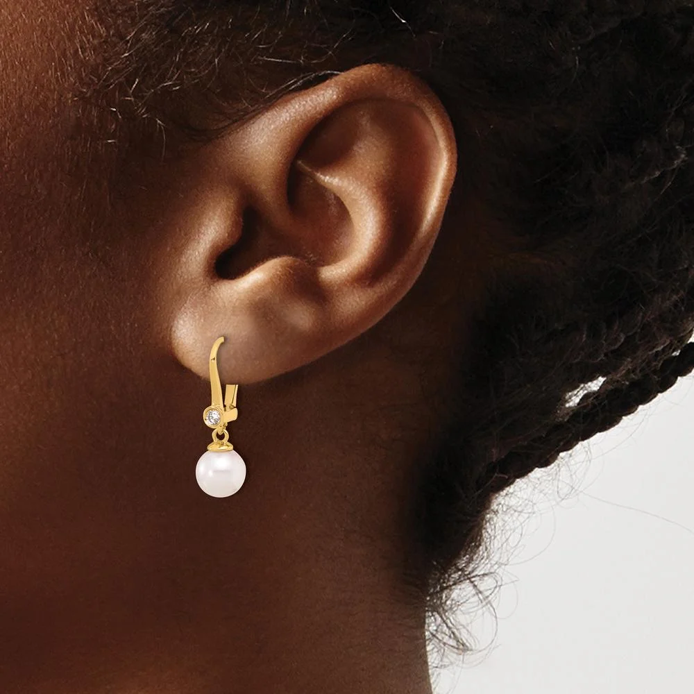 14K Yellow Gold Dangle Earrings with 7-8mm Akoya Pearls and 0.10 Carat Diamond Accents by Monteluci Fine Jewelry - Image 3