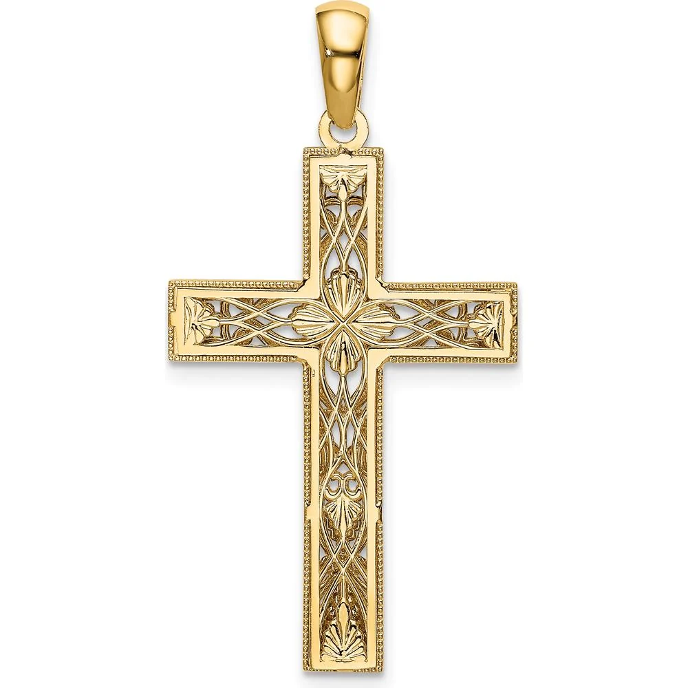 14K Yellow Gold Diamond-Cut Cross Pendant with Rhodium Accents - 38mm Length by Oro Pregiato - Image 3