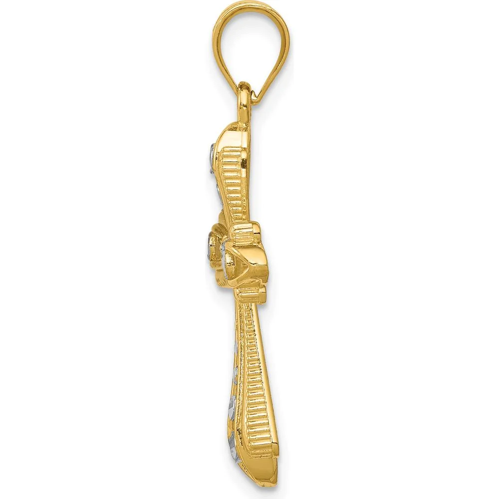 14K Yellow Gold Diamond-Cut Cross Pendant with White Rhodium Plating - 32mm Length, 17mm Width by Oro Pregiato - Image 2